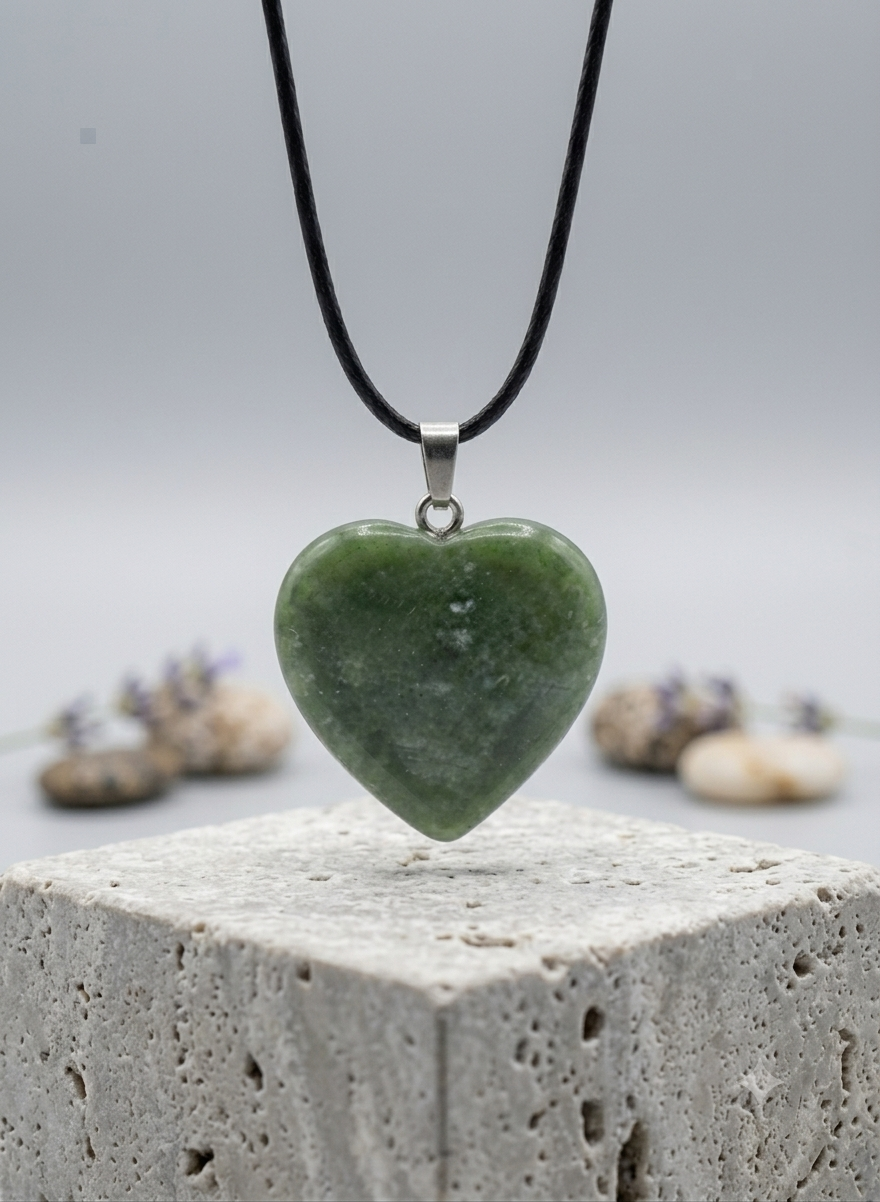 Natural Nephrite Jade Heart Pendant – Handcrafted Stone Necklace